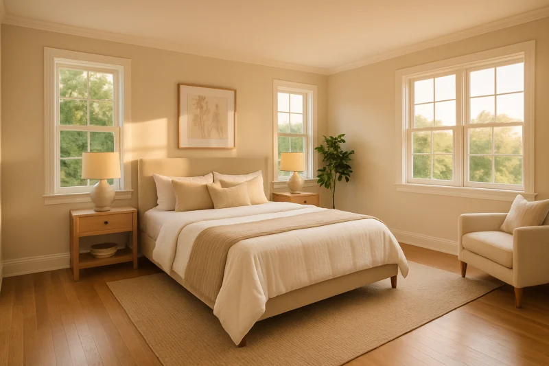 A beautiful spacious primary bedroom interior with light and minimal styling