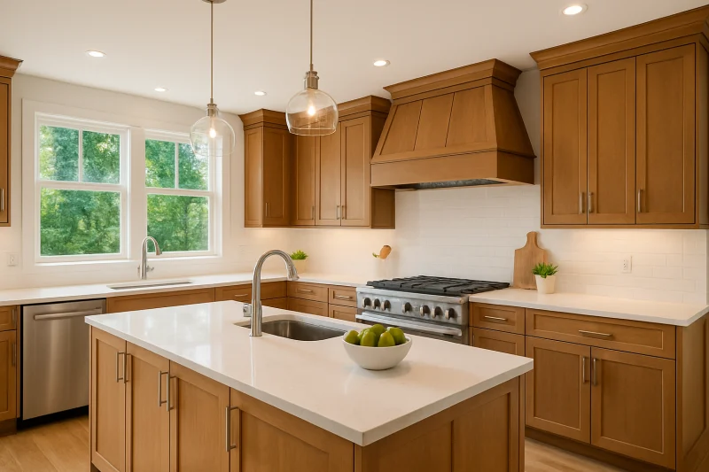 A beautiful kitchen with warm wood cabinetry interior with clean modern styling