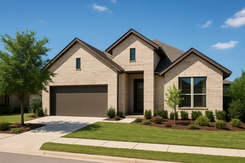 A beautiful, well-maintained contemporary home with clean lines with a soft beige brick exterior, Texas style home, spacious lot, warm sunny sky