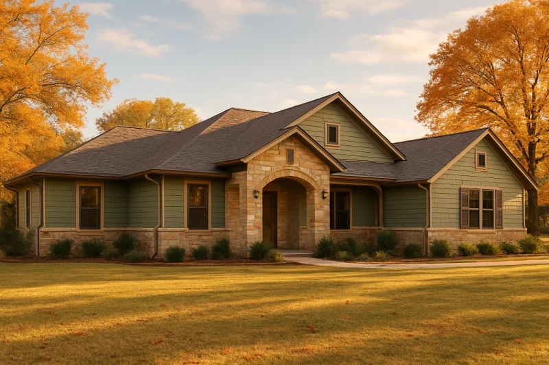 A beautiful, well-maintained sprawling one-story home with a sage green stone-accented exterior, Texas style home, spacious lot, warm sunny sky