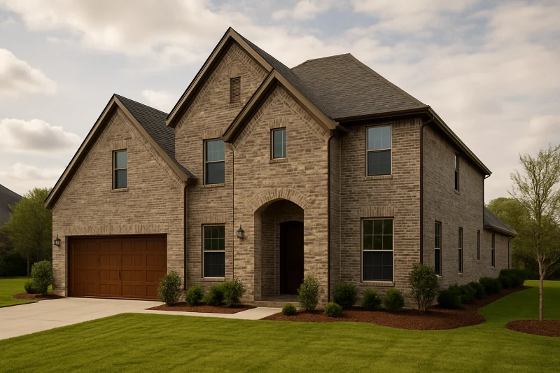 A beautiful, well-maintained two-story family home with a warm grey brick exterior, Texas style home, spacious lot, warm sunny sky
