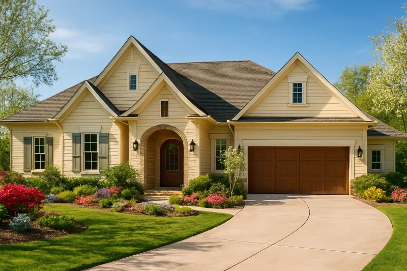 A beautiful, well-maintained traditional suburban home with a light tan painted siding exterior, Texas style home, spacious lot, warm sunny sky