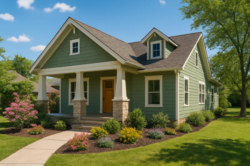 A beautiful, well-maintained cottage-style home with a sage green two-tone exterior, Texas style home, spacious lot, warm sunny sky