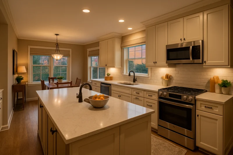 A beautiful contemporary kitchen with quartz countertops interior with cozy traditional decor