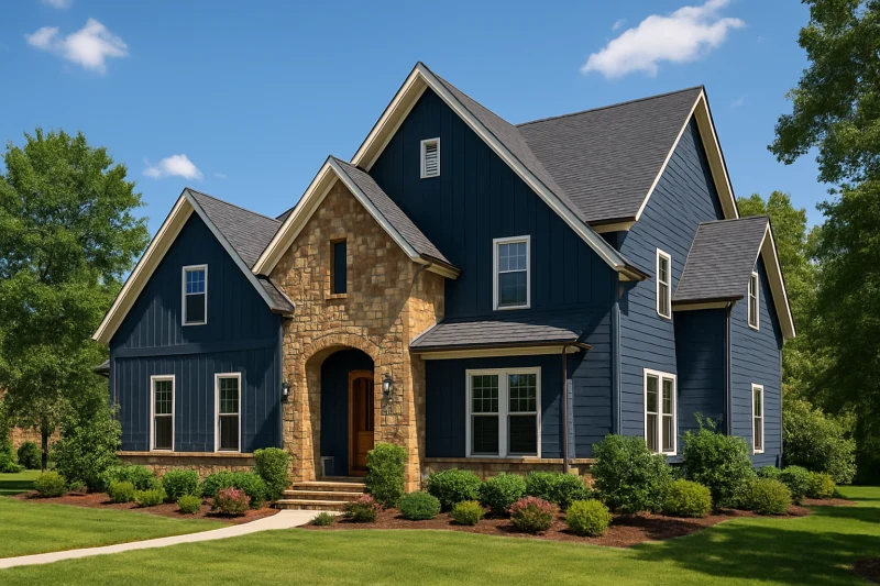 A beautiful, well-maintained traditional suburban home with a navy blue stone-accented exterior, Texas style home, spacious lot, warm sunny sky