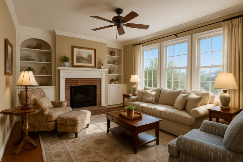 A beautiful comfortable family room interior with cozy traditional decor