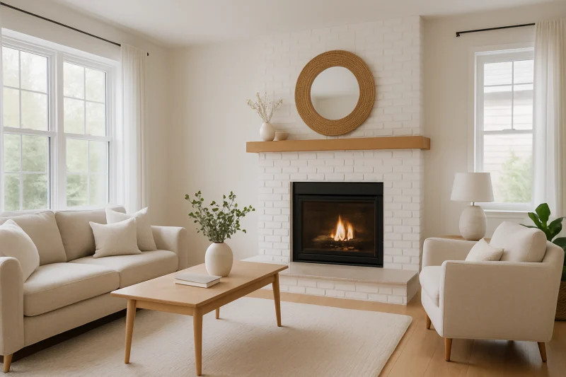 Blog 11 A beautiful cozy living room with a fireplace interior with light and minimal styling
