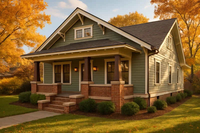 Blog 10 A beautiful, well-maintained craftsman-style bungalow with a sage green mixed siding and brick exterior, Texas style home, spacious lot, warm sunny...