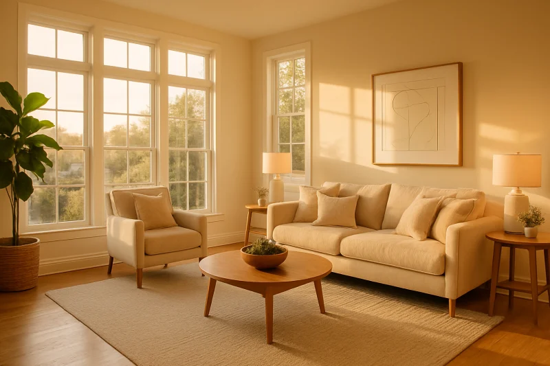 Blog 8 A beautiful airy living space with large windows interior with warm neutral tones